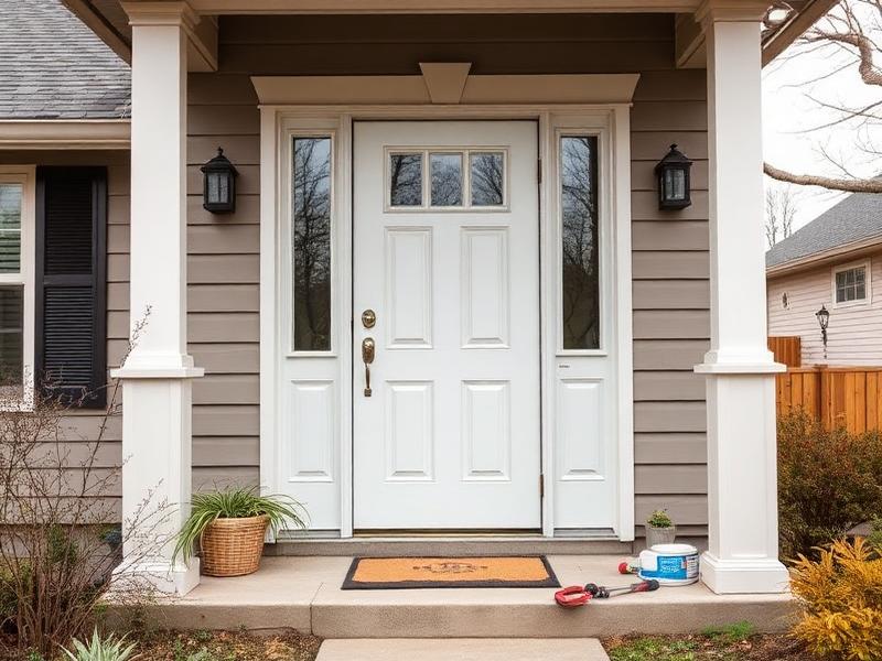 New fiberglass exterior front door with sidelights being installed on a suburban American home
