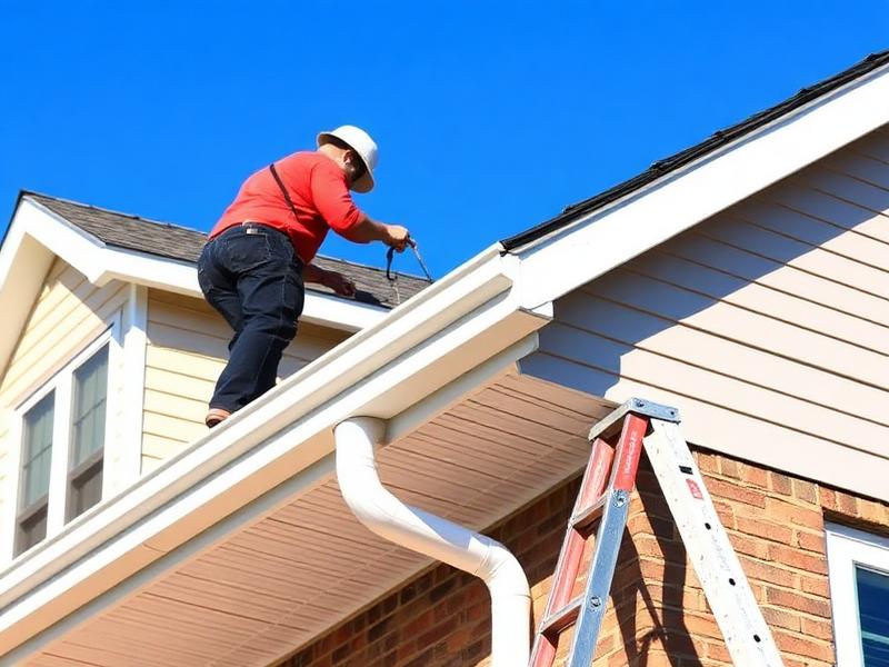 Contractor installing new white aluminum seamless gutters on a suburban American home roofline