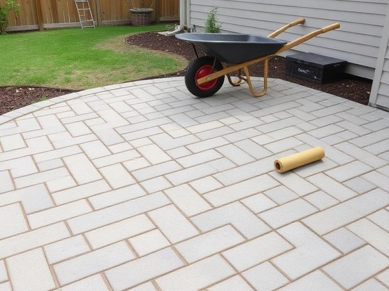 Newly installed gray concrete paver patio in a backyard with herringbone pattern