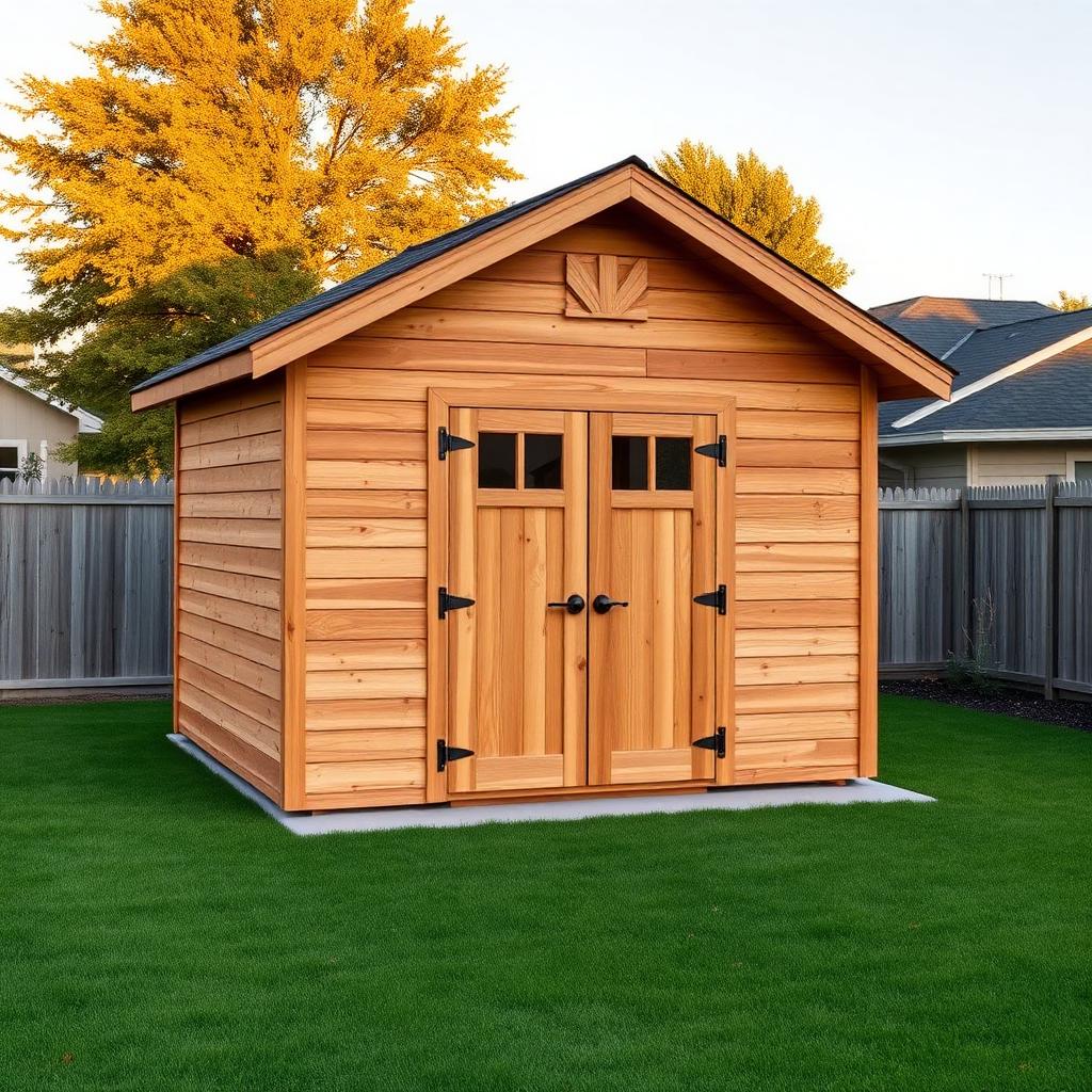 New cedar-sided backyard storage shed with gable roof on a green lawn