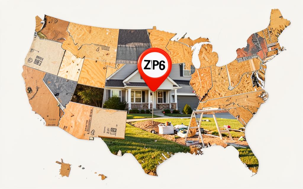 US map built from renovation materials with a ZIP code pin over a suburban home